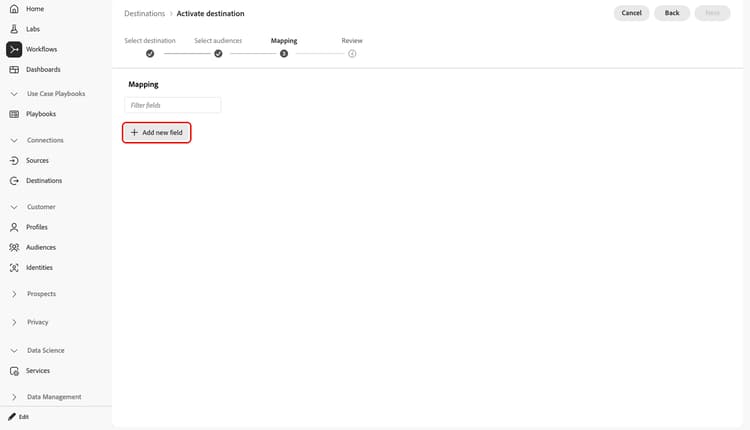 Add new field control highlighted above the existing field mappings.