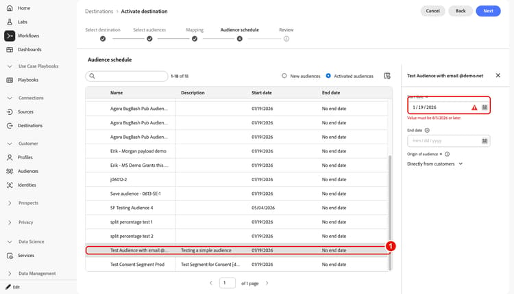 Audience row selected, opening a schedule panel with the Start date and End date fields highlighted.