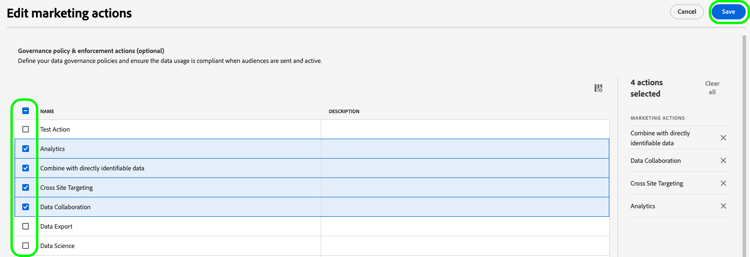 Experience Platform UI image showing the edit marketing actions screen.