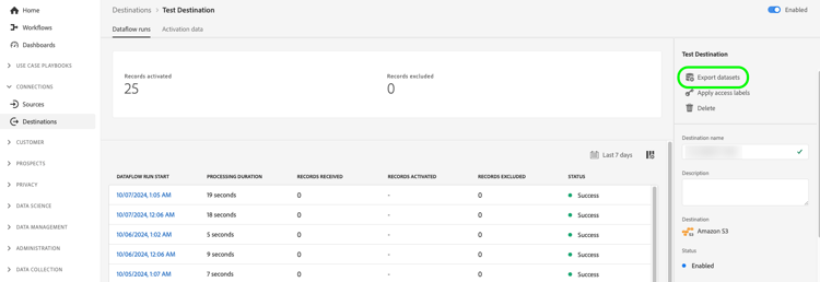 Experience Platform UI image showing the Export datasets dataflow run option.