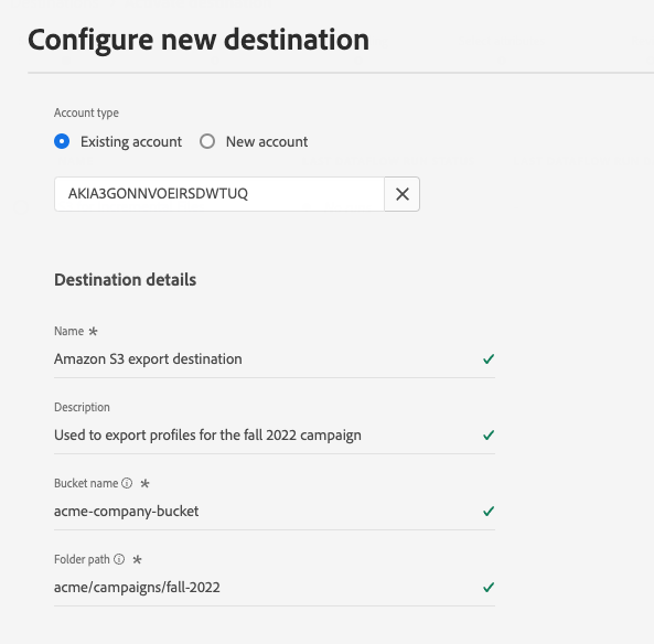 Image showing the required and optional input parameters when connecting to an Amazon S3 destination.
