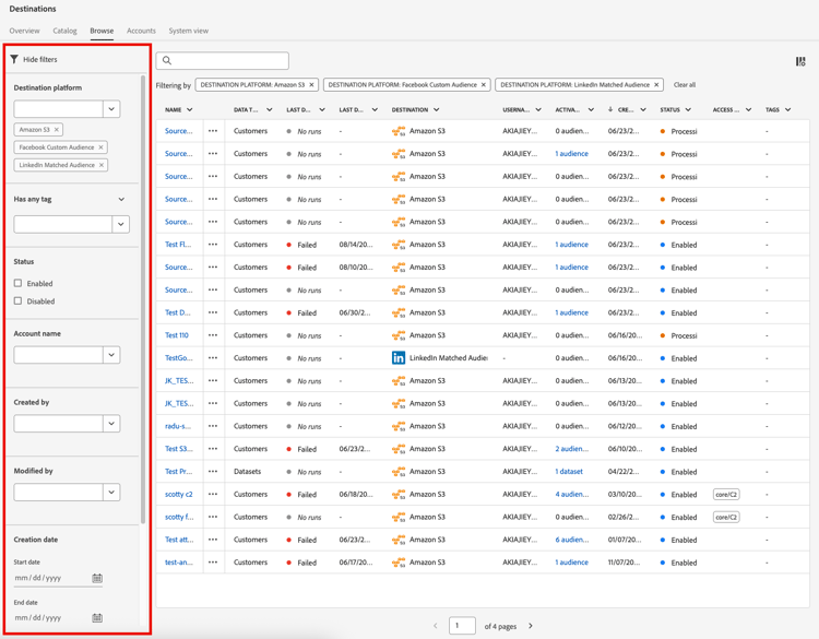 Destination filters in the Browse tab