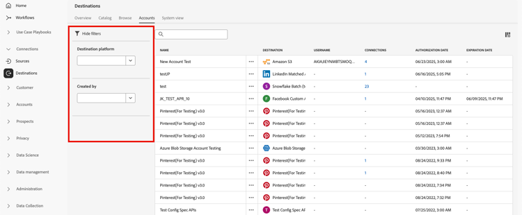 Account filters in the Accounts tab
