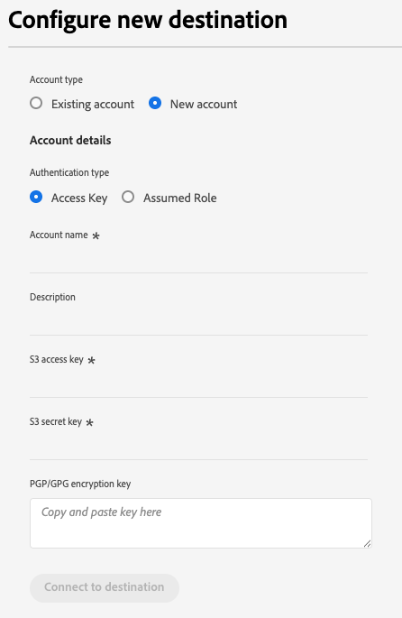 Image showing the required and optional input parameters when authenticating to an Amazon S3 destination.