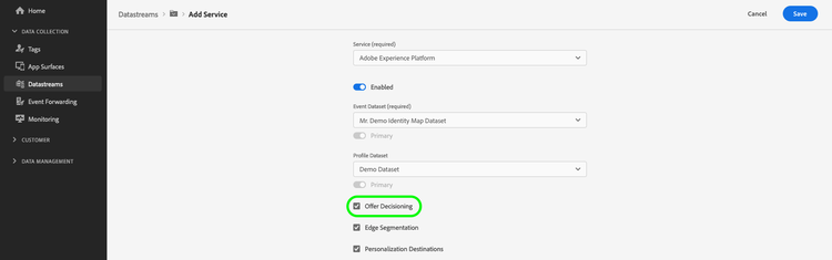 UI image showing the datastream service configuration screen, with Offer Decisioning selected