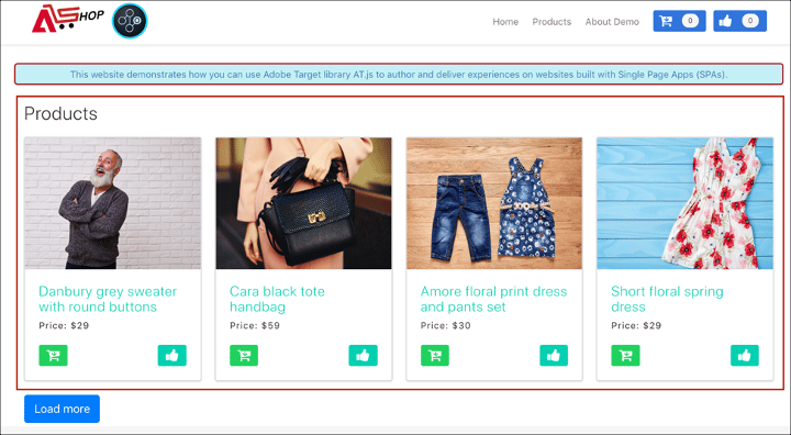 Sample image of a singl-page application in a browser window, with example products displayed.