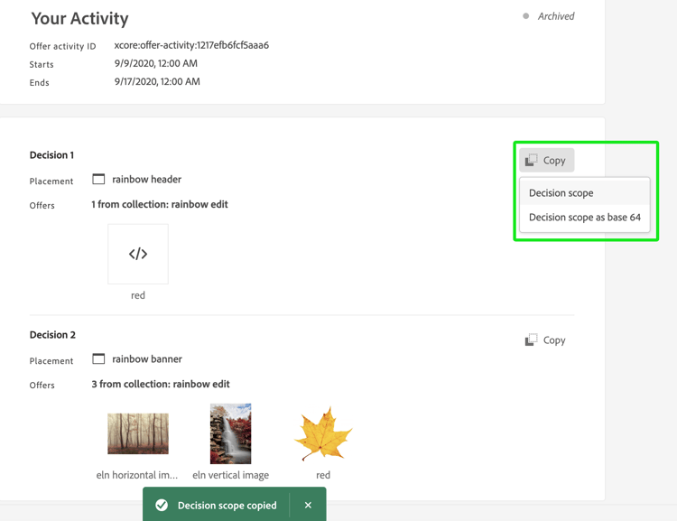 Decision copy settings.