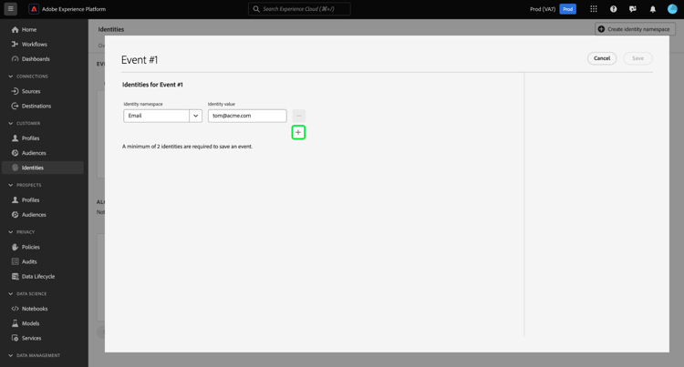 The first fully qualified identity of {Email: tom@acme.com} is inputted in the Events panel of Graph Simulation.