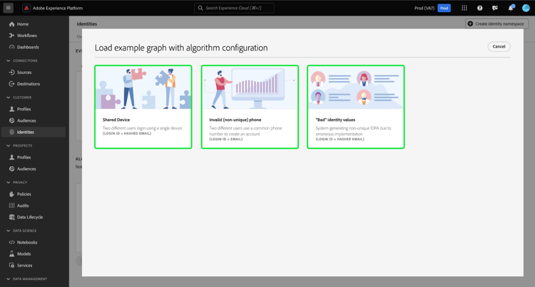 A window that displays the available pre-configured examples: shared device, invalid phone, and bad identity values.