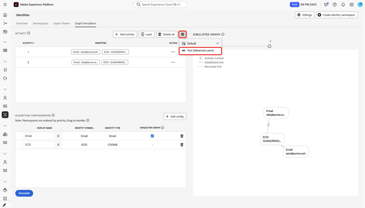 Settings control opened to reveal Text (Advanced users) for switching activities entry to text mode.
