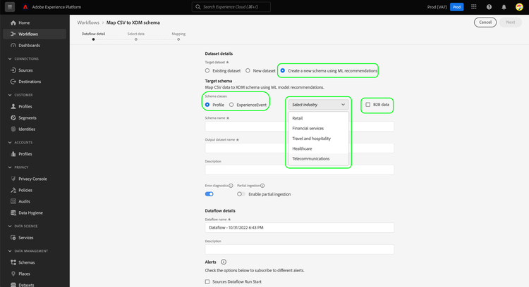 The Dataflow detail step with the ML recommendation option selected. Profile is selected for the class and Telecommunications selected for the industry
