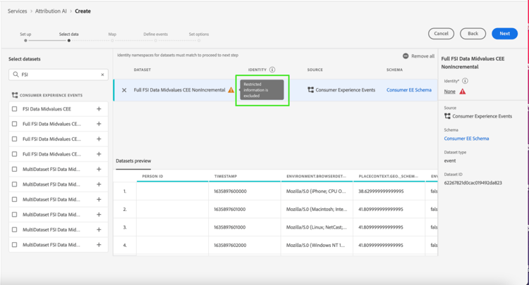 The Attribution AI workspace with the restricted dataset fields highlighted.