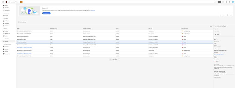 The Customer AI workspace with the restricted fields of the service model results highlighted.