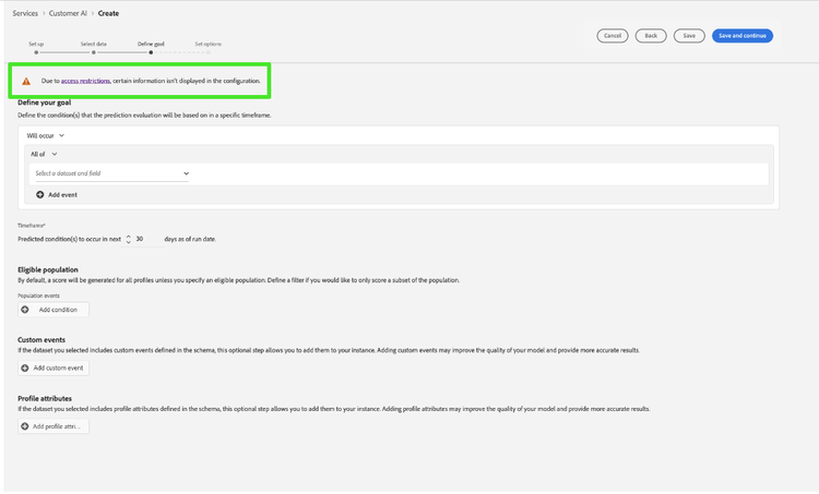 The Customer AI workspace with the restricted fields of the service model results highlighted.