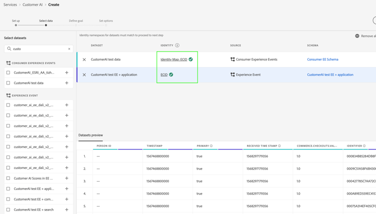 Identity map selection screen showing the same namespace being selected for multiple datasets.