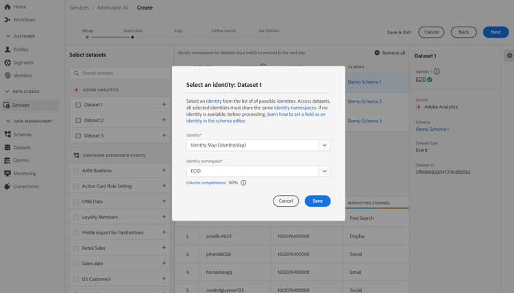 Identity map selection screen showing the same namespace being selected for multiple datasets.