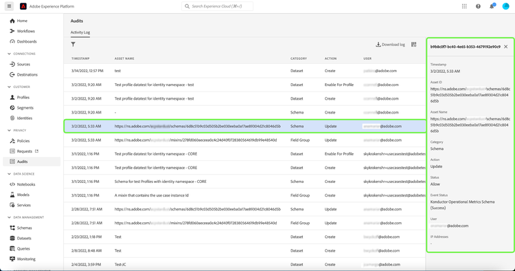 Audits dashboard Activity log tab with the event details panel highlighted.
