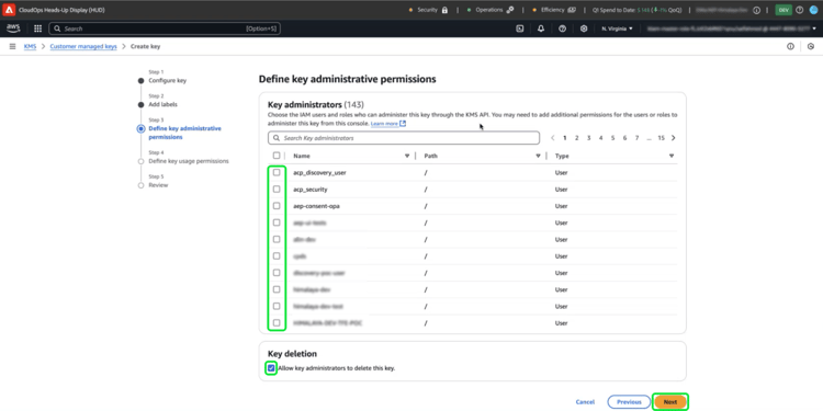 The Define key administrative permissions stage of the workflow, with checkboxes and next highlighted.