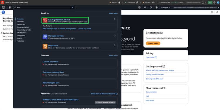 The search drop down menu of the AWS Management Console with Key Management Service highlighted.