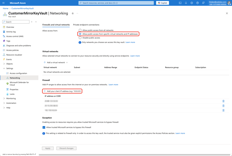 Azure Key vault Networking settings screen showing where to add Adobe's static IP address and with the Allow access from option highlighted.
