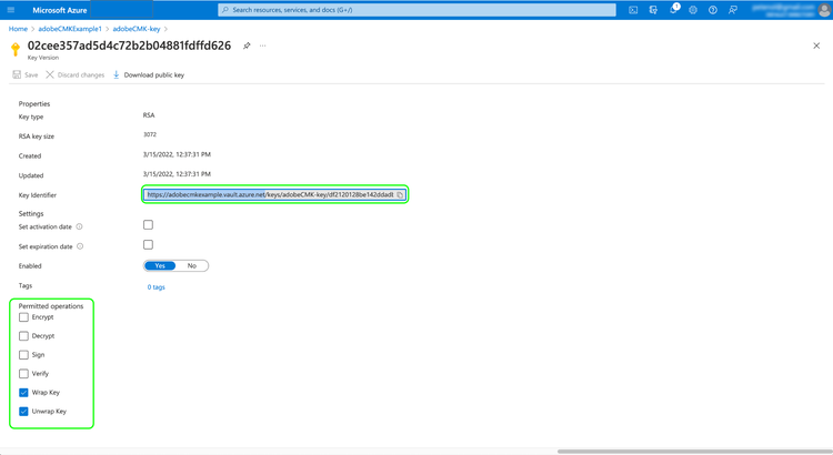 The Microsoft Azure dashboard Key details with the Permitted operations and the copy key URL sections highlighted.