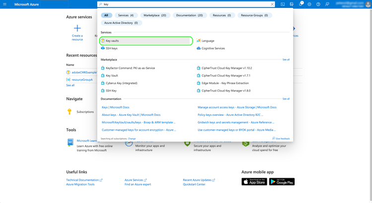 The search feature in Microsoft Azure with Key vaults highlighted in the search results.