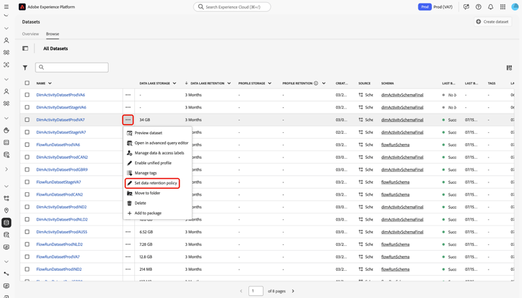 The pop up panel with dataset options, including "Set data retention policy"