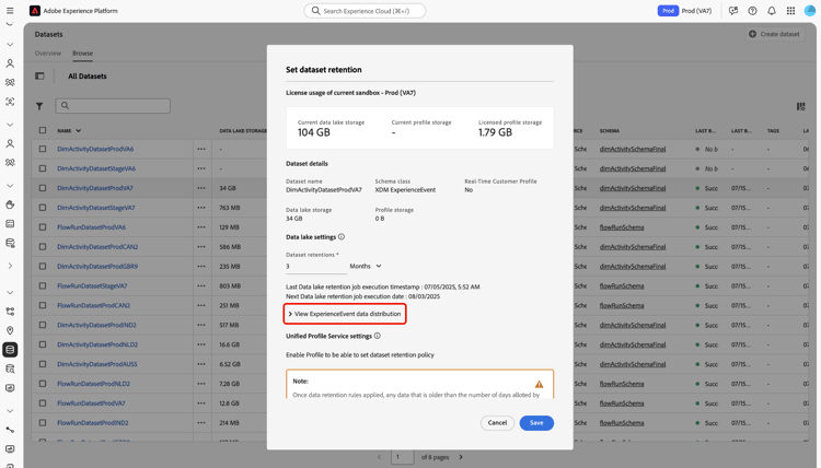 The "set dataset retention" interface.