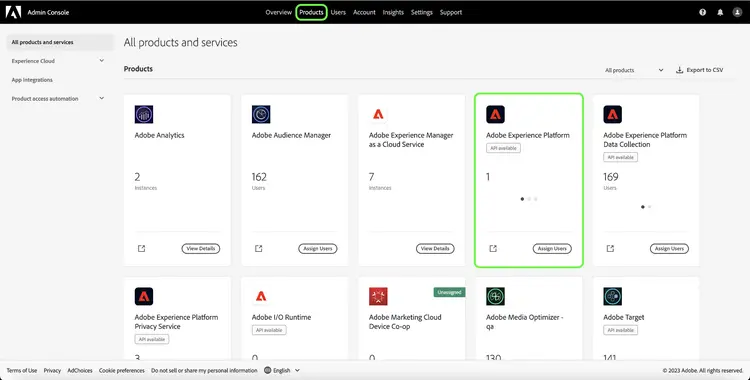 Products list on Admin Console