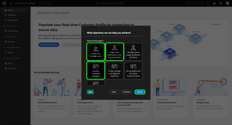 The self-identification survey displaying a list of objectives that you can select from.