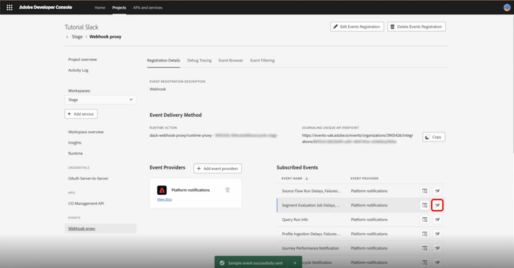 The webhook proxy page showing configured events and the Send sample event icon.