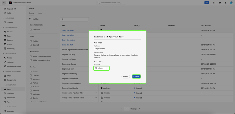 The Customize alert page highlighting Threshold and Confirm options.