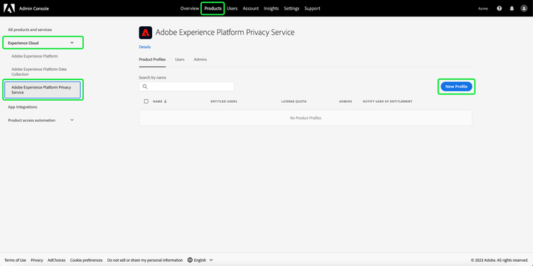 The Experience Platform Privacy Service Product Profiles tab in Adobe Admin Console with New Profile highlighted.