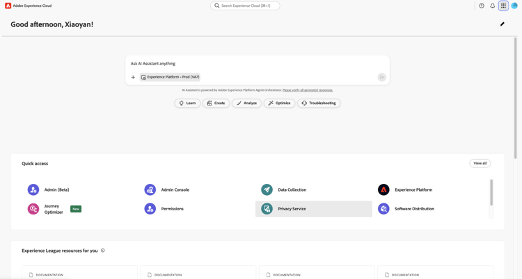 The Experience Cloud dashboard with Privacy Service highlighted.