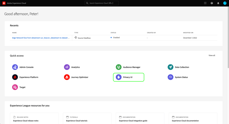 The Experience Cloud dashboard with Privacy UI highlighted.