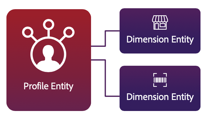 An infographic that shows that a profile entity is comprised of dimension entities.
