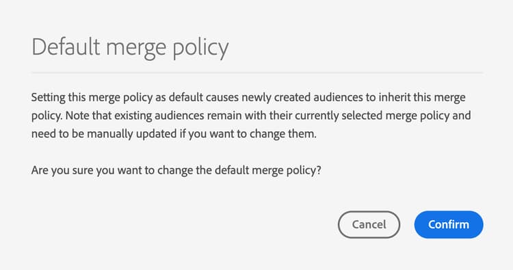 A popover that explains what happens when the merge policy is set as a default merge policy.