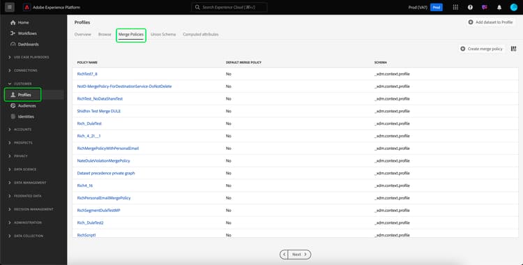 The merge policies browse page is displayed.