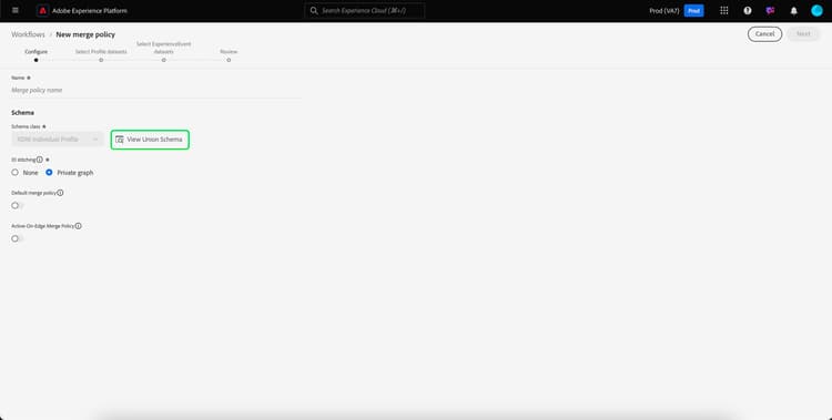 The "View Union Schema" button is highlighted on the New merge policy workflow.