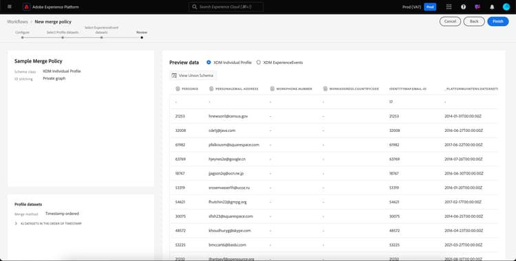 The Review page is displayed. This page lets your review the details of your newly created merge policy.