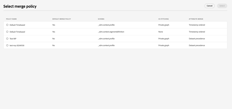A dialog where you can select the merge policy to filter by is displayed.
