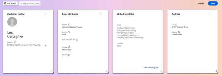The Restore default cards button is highlighted in the Profile dashboard.