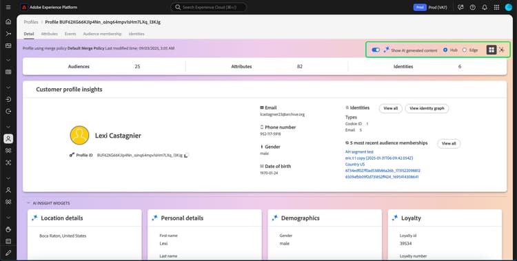 The toggles listed above (AI-generated insights, Hub or Edge data, and Card or Graph view) are highlighted.