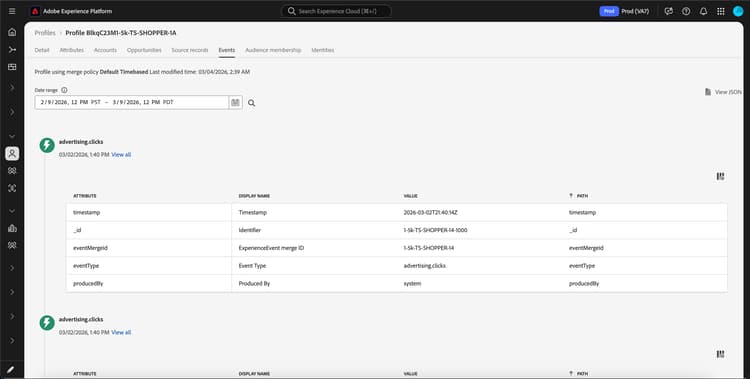 The Events tab is highlighted. The profile events are displayed.