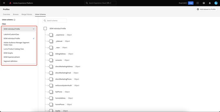 A dropdown containing the union schema's classes are highlighted.