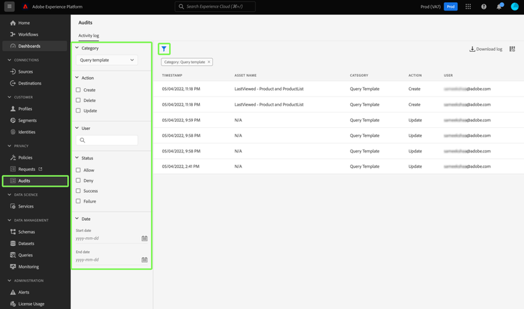 The Platform UI audit log dashboard with "Audits" in the left navigation and filter controls highlighted.