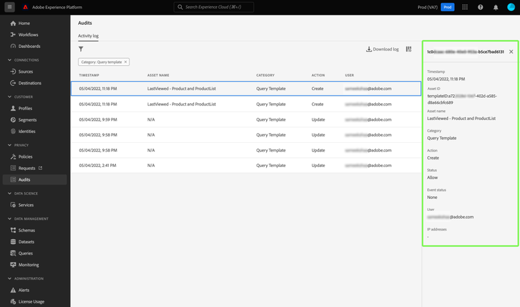 Audits dashboard Activity log tab with the details panel highlighted.