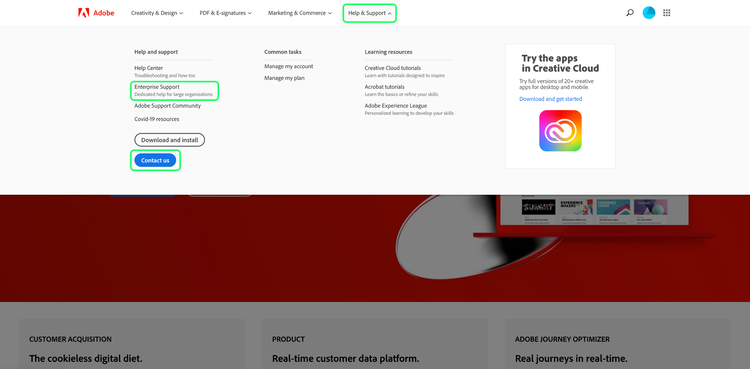 The top navigation bar dropdown menu with Help and support, Enterprise support and Contact us highlighted.