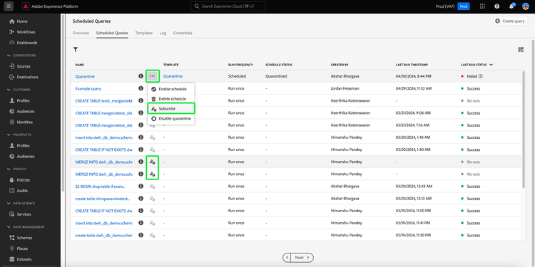 The scheduled queries workspace with an ellipses, alert subscription icon, and the inline actions dropdown menu highlighted.