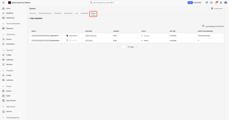 The Query Service workspace with the Admin tab selected. The Session Management table is displayed and lists active and inactive sessions across multiple sandboxes in your organization.